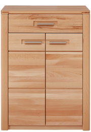 Schuhschrank aus hellem Holz mit mehreren Schubladen und Türen, Frontalansicht
