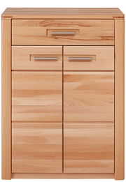 Schuhschrank aus hellem Holz mit mehreren Schubladen und Türen, Frontalansicht