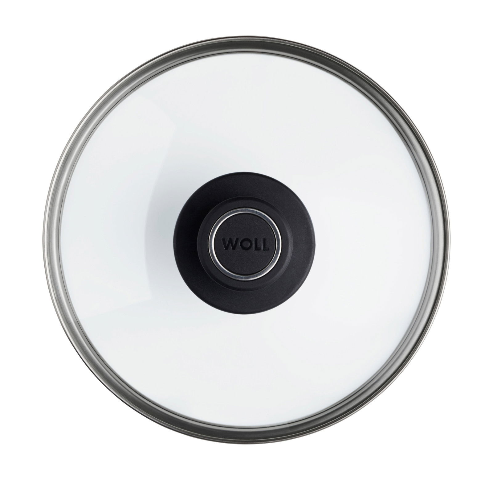 Woll Sicherheitsglasdeckel Ø 20 cm Sicht von oben auf einen Sicherheitsglasdeckel mit schwarzem Griff, Durchmesser 20 cm.