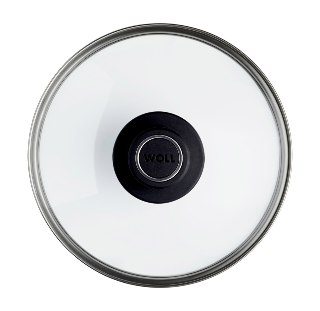 Woll Sicherheitsglasdeckel Ø 20 cm Sicht von oben auf einen Sicherheitsglasdeckel mit schwarzem Griff, Durchmesser 20 cm.