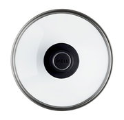 Sicht von oben auf einen Sicherheitsglasdeckel mit schwarzem Griff, Durchmesser 20 cm.