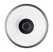 Sicht von oben auf einen Sicherheitsglasdeckel mit schwarzem Griff, Durchmesser 20 cm.