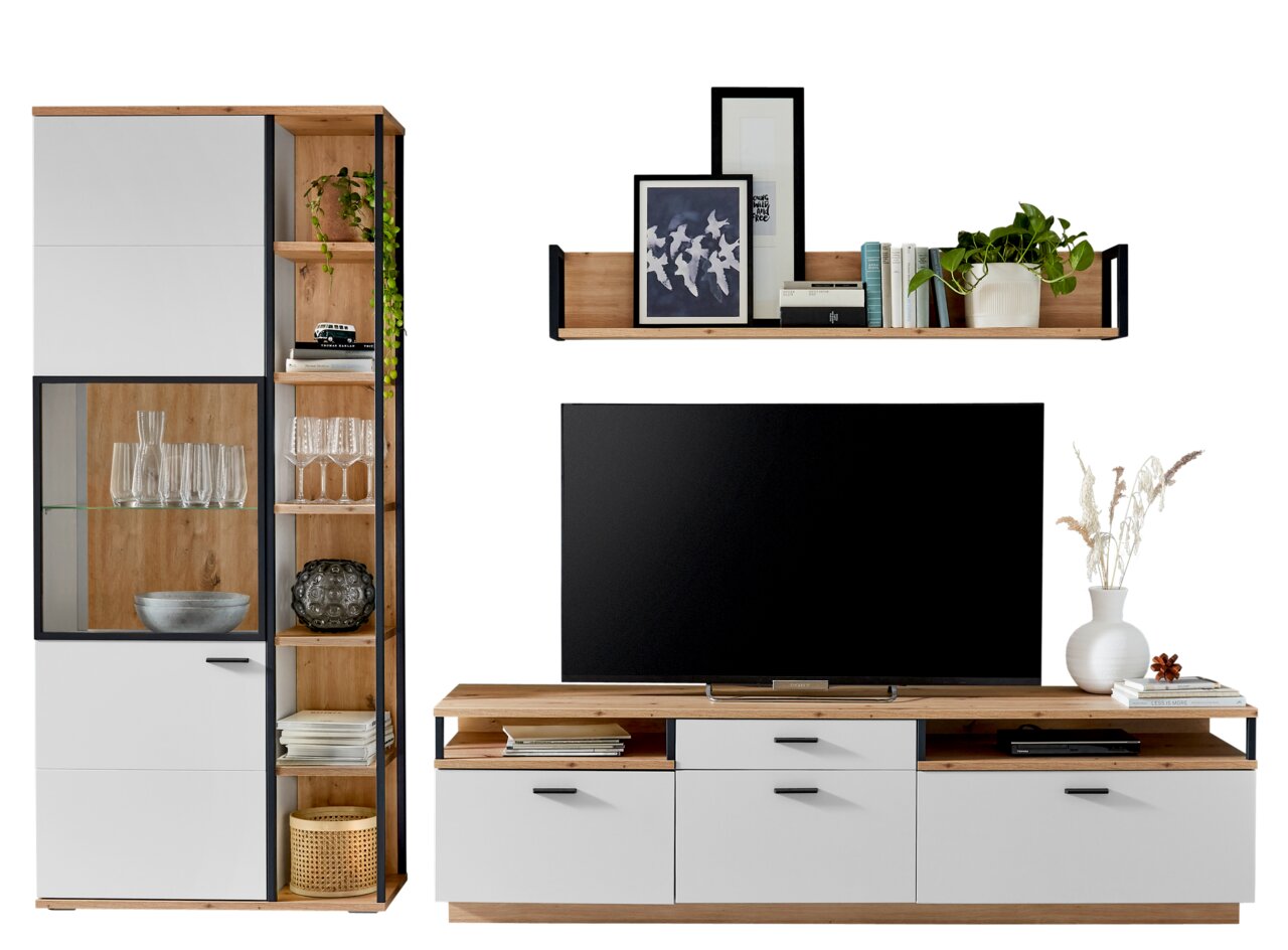 Moderne Wandkombination mit Holz- und Weißelementen, bestehend aus einem hohen Schrank mit Glastüren, einem TV-Board und einem Wandregal, frontal abgebildet.