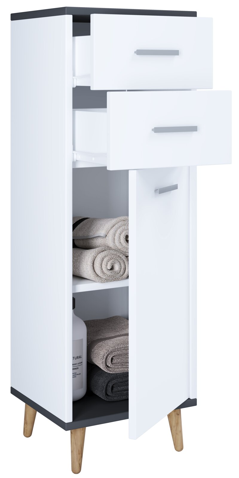 Weißer Badschrank mit zwei Schubladen und geöffneter Tür, innen mit Handtüchern und Flasche, auf Holzfüßen; Perspektive: frontale Ansicht leicht von links