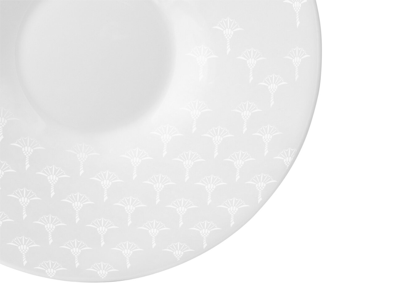 Weiße Untertasse mit dezentem Muster, Draufsicht