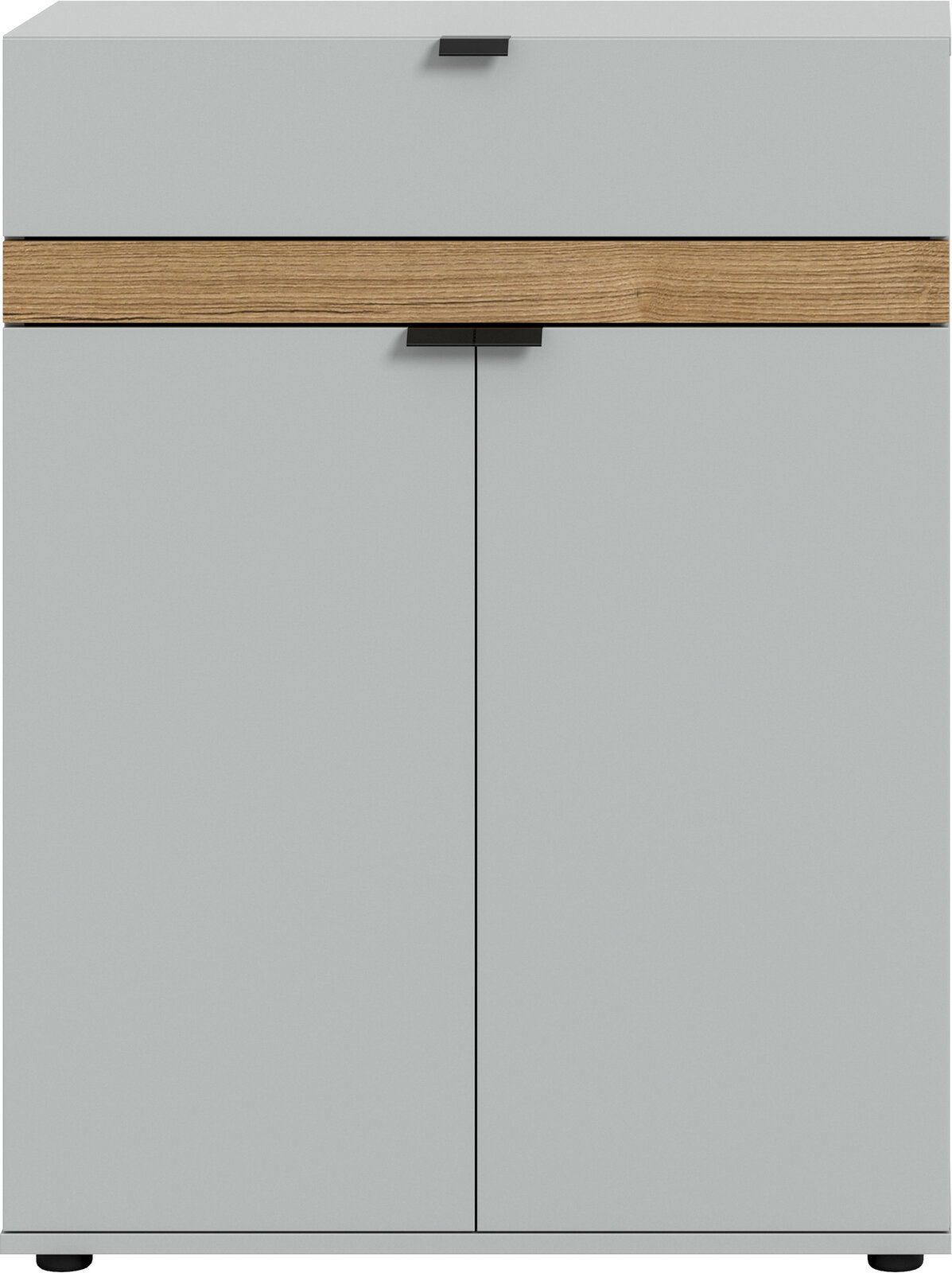 Modernes Sideboard/Schrank in Hellgrau mit horizontaler Holzblende und schwarzen Griffen, Frontansicht von vorne