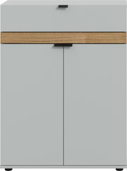 Modernes Sideboard/Schrank in Hellgrau mit horizontaler Holzblende und schwarzen Griffen, Frontansicht von vorne