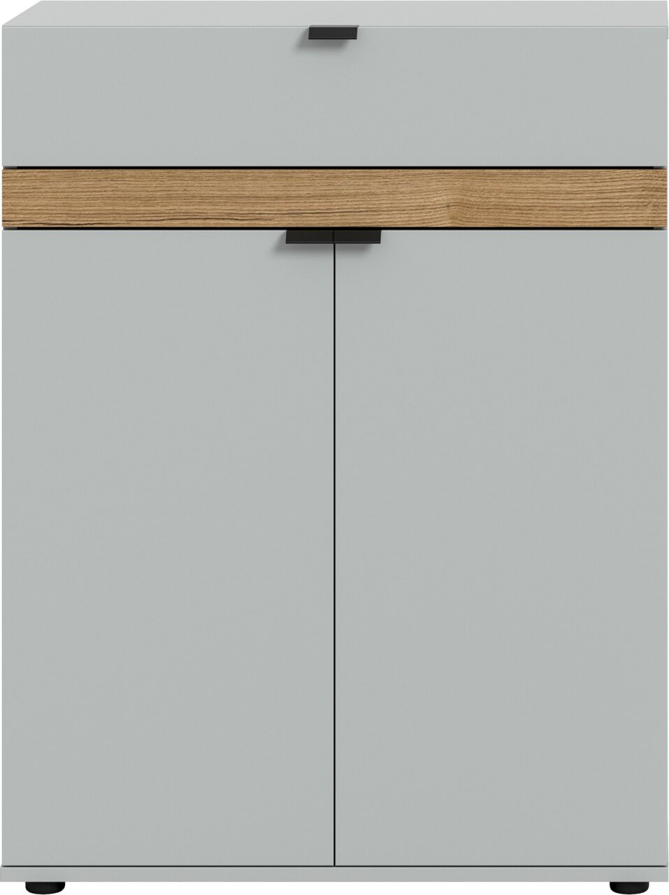 Modernes Sideboard/Schrank in Hellgrau mit horizontaler Holzblende und schwarzen Griffen, Frontansicht von vorne