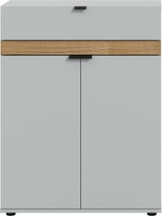 Modernes Sideboard/Schrank in Hellgrau mit horizontaler Holzblende und schwarzen Griffen, Frontansicht von vorne