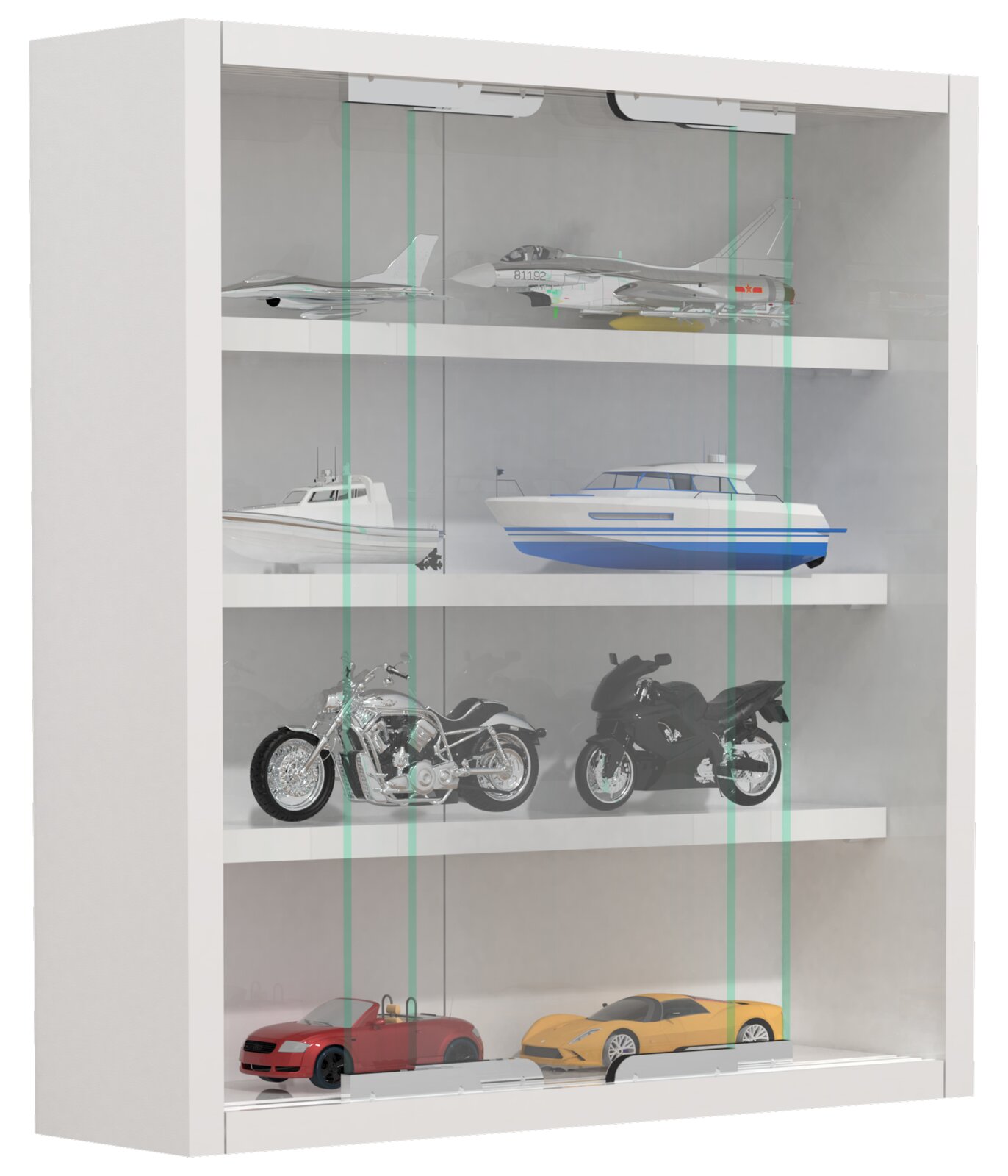 Weiße Vitrine mit transparenten Glasschiebetüren und mehreren Einlegeböden, bestückt mit Modellfahrzeugen und -booten; frontale Ansicht mit leichter Schrägperspektive von links.