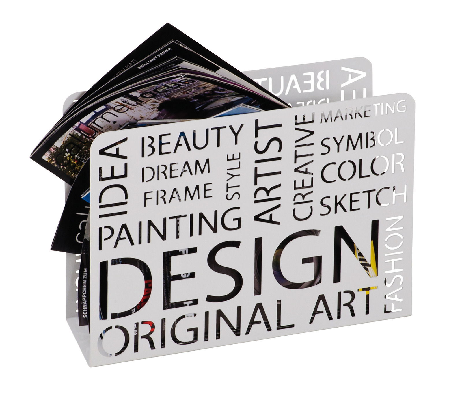 Moderner Zeitungsständer aus Metall mit ausgeschnittenen Wörtern wie 'DESIGN' und 'ART', gefüllt mit Zeitschriften, seitliche Perspektive.