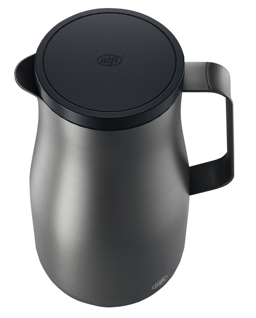 Isolierkanne Studio in mattem Edelstahl, Ansicht von oben mit schwarzem Deckel und Griff.