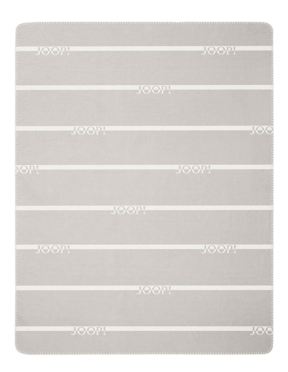 JOOP! Decke J! LOGO STRIPES Graue Decke mit weißen Streifen und dem JOOP! Logo, von oben betrachtet.