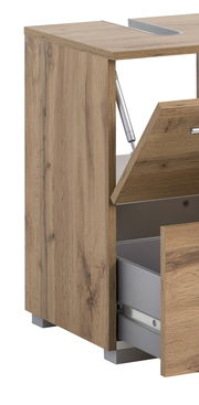 Waschbeckenunterschrank aus Holz in Eichenoptik, seitliche Perspektive mit geöffneter Tür und sichtbarem Scharnier.