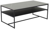 Moderner Couchtisch mit grauer Tischplatte und schwarzem Metallgestell, seitliche Perspektive