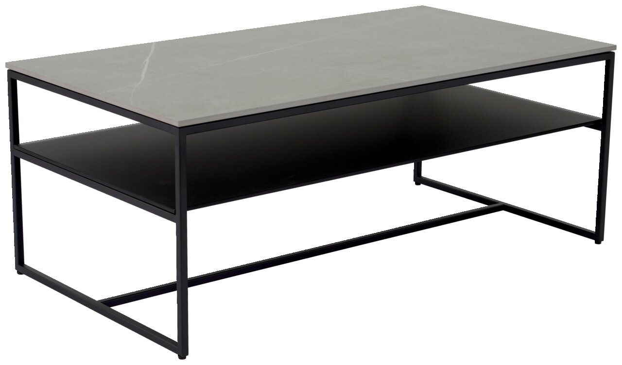 Moderner Couchtisch mit grauer Tischplatte und schwarzem Metallgestell, seitliche Perspektive