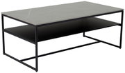 Moderner Couchtisch mit grauer Tischplatte und schwarzem Metallgestell, seitliche Perspektive