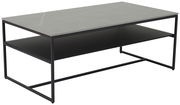 Moderner Couchtisch mit grauer Tischplatte und schwarzem Metallgestell, seitliche Perspektive