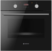 Schwarzer Einbau-Backofen mit Glasfront, Edelstahlgriff, zwei Drehknöpfen und roter Digitalanzeige (10:30), Frontansicht