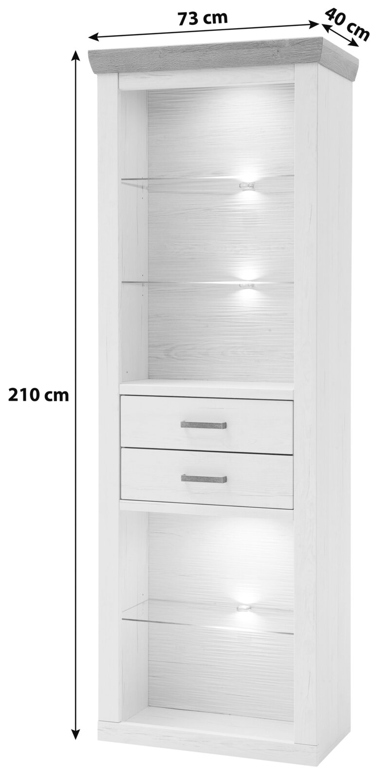 Hohe weiße Vitrine/Regal aus Holzoptik mit grauer Abdeckplatte, Glasböden und integrierter Beleuchtung sowie zwei Schubladen mit Metallgriffen; Maße ca. 210 x 73 x 40 cm, frontal aus leicht schräger Perspektive von vorn gezeigt.