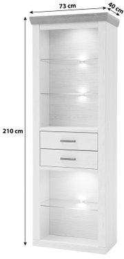 Hoge witte vitrinekast/rek in houtlook met grijze afdekplaat, glazen planken en ingebouwde verlichting, evenals twee lades met metalen handgrepen; afmetingen ca. 210 x 73 x 40 cm, vooraanzicht vanuit een licht schuin perspectief.