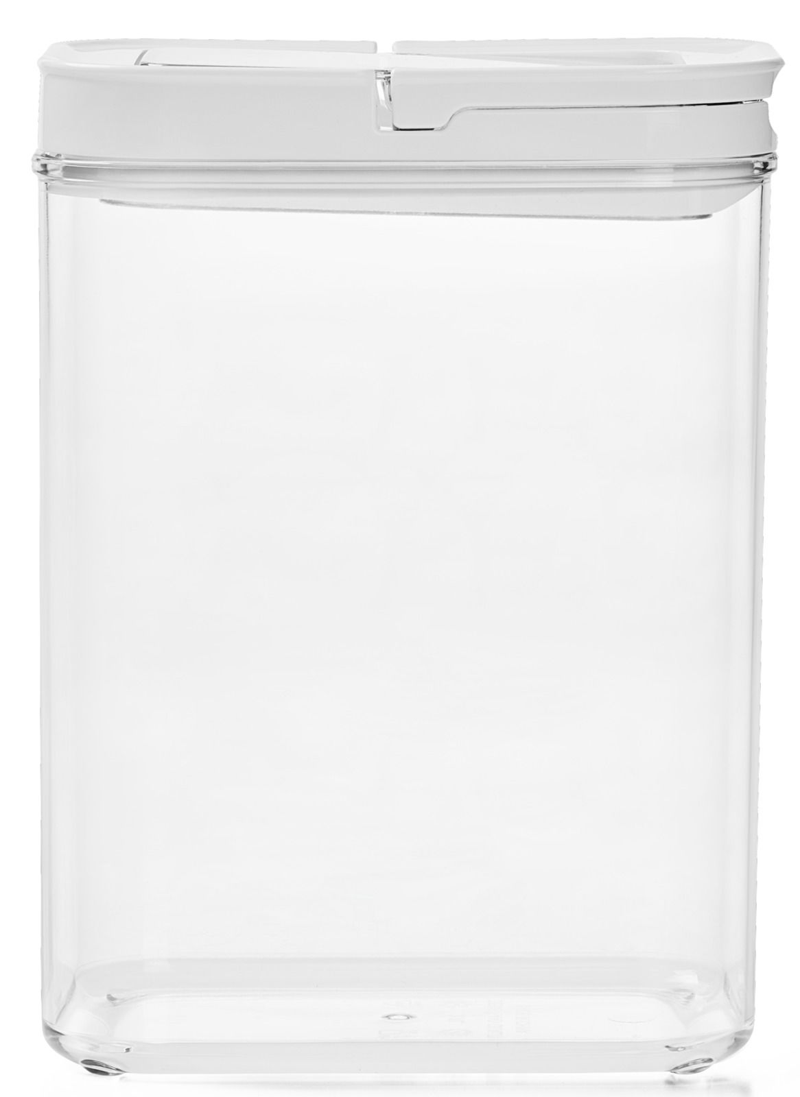 Transparente Vorratsdose mit weißem Deckel, frontal fotografiert