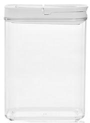 Transparente Vorratsdose mit weißem Deckel, frontal fotografiert