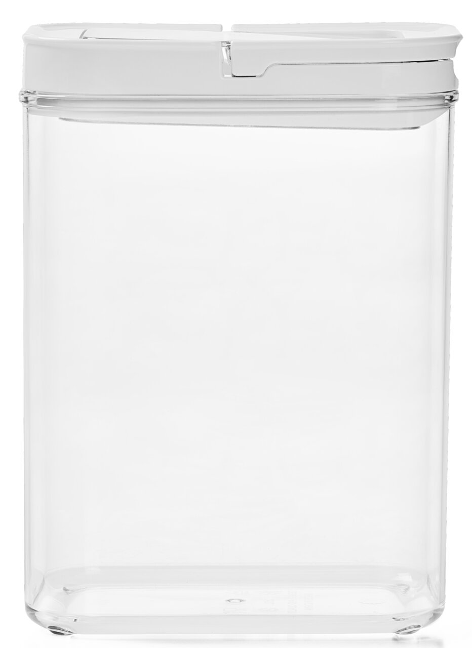 Transparente Vorratsdose mit weißem Deckel, frontal fotografiert