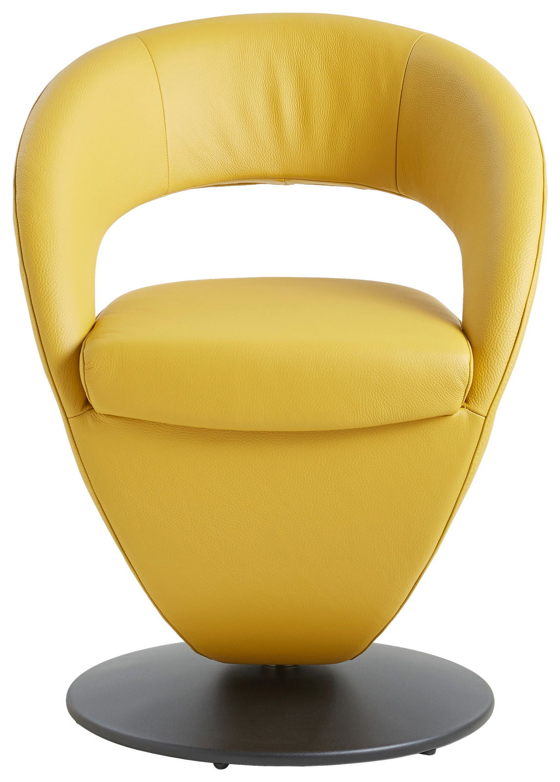 Gelber Sessel mit modernem Design, frontal betrachtet, auf rundem schwarzen Sockel.