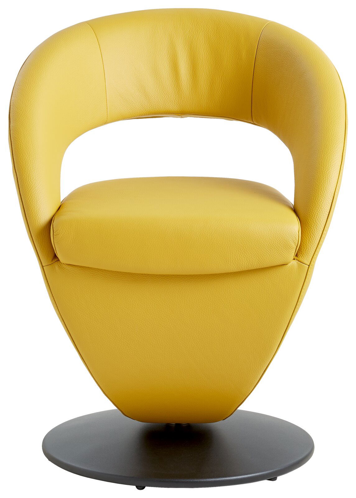 Gelber Sessel mit modernem Design, frontal betrachtet, auf rundem schwarzen Sockel.