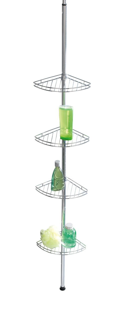 Wenko Teleskop-Eckregal PREA Edelstahl Teleskop-Eckregal mit vier Ablagen, gefüllt mit Duschutensilien, aus seitlicher Perspektive.