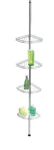Edelstahl Teleskop-Eckregal mit vier Ablagen, gefüllt mit Duschutensilien, aus seitlicher Perspektive.