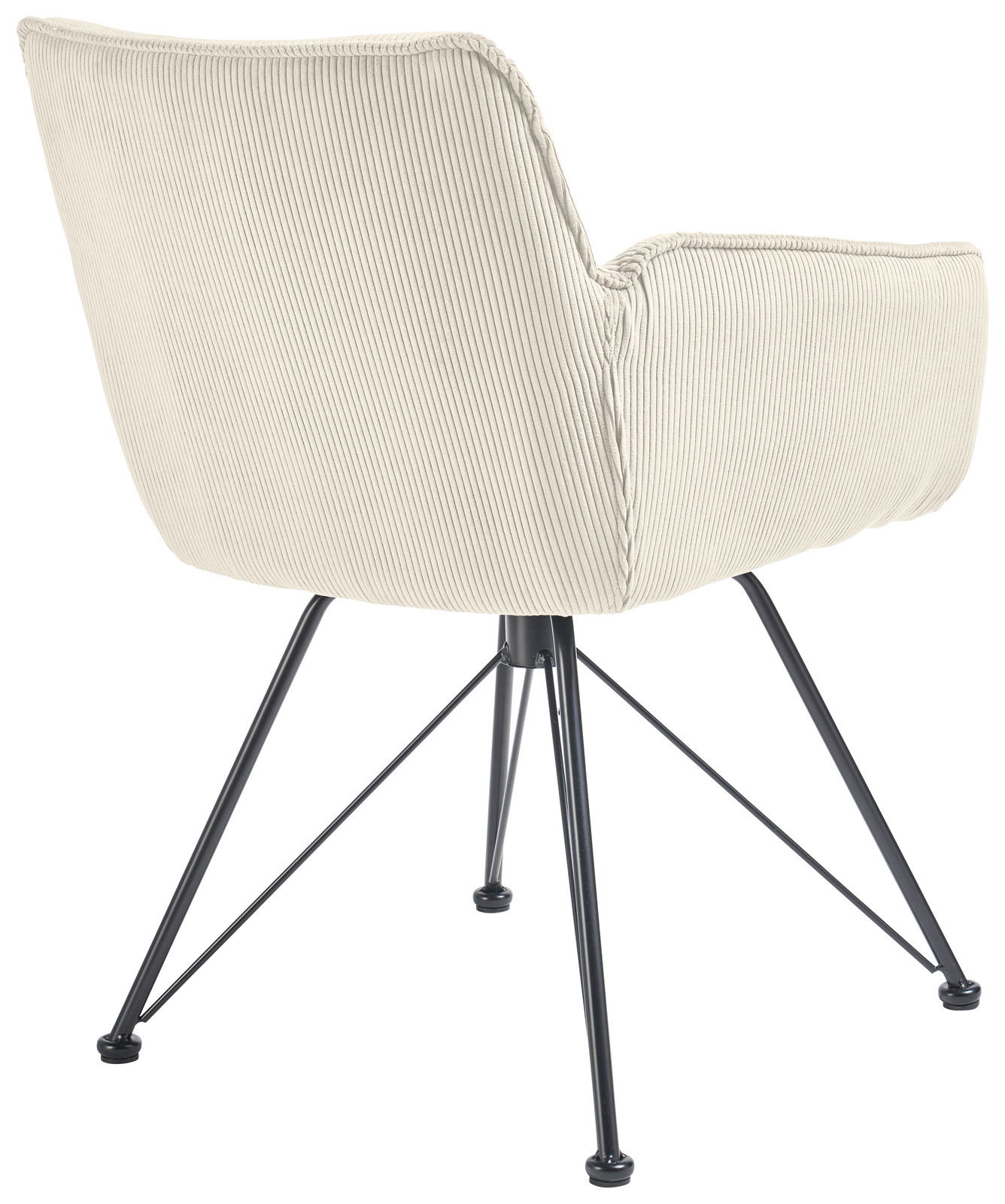 Rückansicht eines Armlehnstuhls mit hellbeigem Cordbezug und schwarzen Metallbeinen.