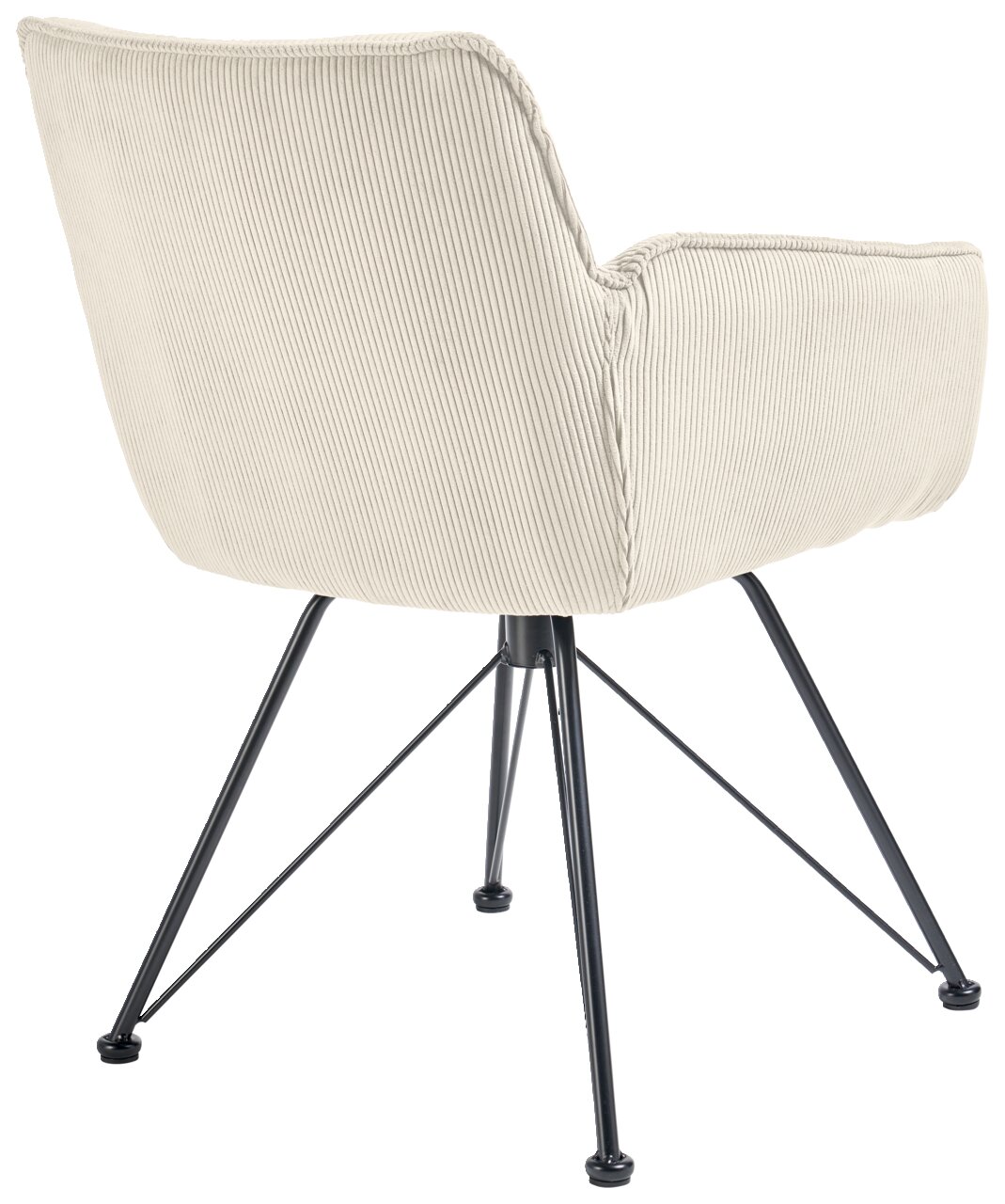 Rückansicht eines Armlehnstuhls mit hellbeigem Cordbezug und schwarzen Metallbeinen.