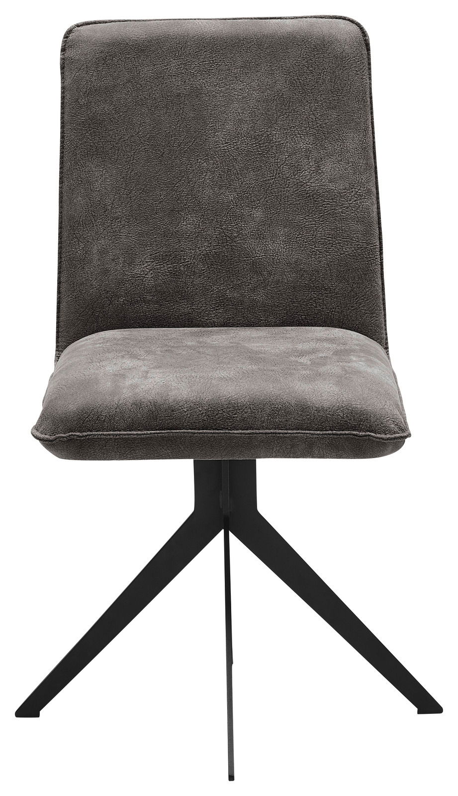 Moderner grauer Stuhl mit schwarzem Metallgestell, Frontalansicht