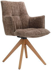 Brauner Sessel mit gepolstertem Stoffbezug und Holzbeinen, seitliche Perspektive