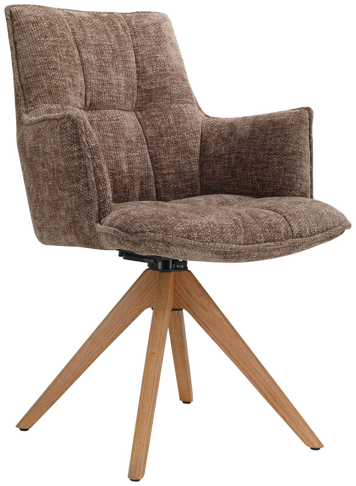 Brauner Sessel mit gepolstertem Stoffbezug und Holzbeinen, seitliche Perspektive