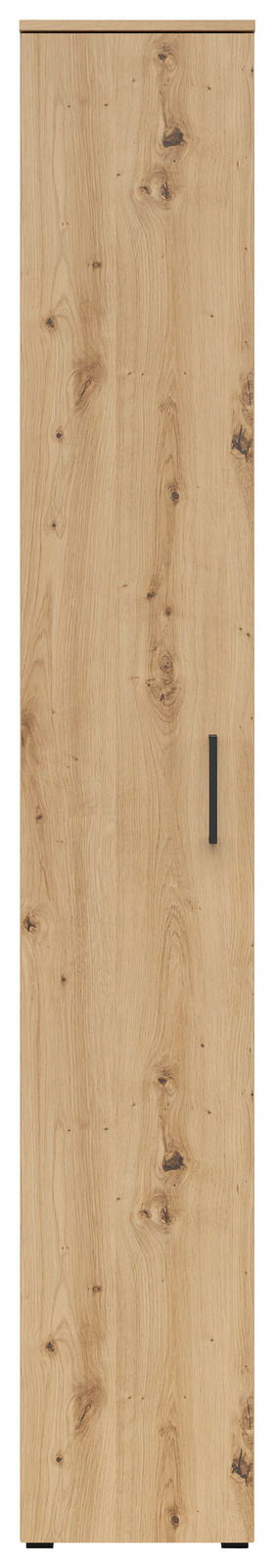 Frontansicht eines Mehrzweckschranks mit Holzmaserung und schwarzem Griff.