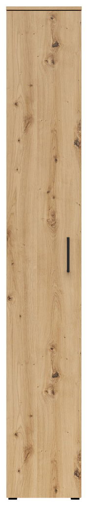 Frontansicht eines Mehrzweckschranks mit Holzmaserung und schwarzem Griff.