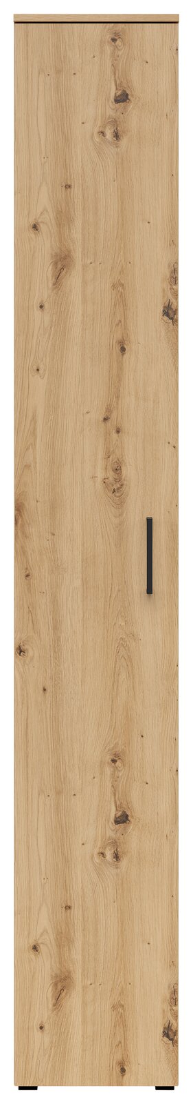 Frontansicht eines Mehrzweckschranks mit Holzmaserung und schwarzem Griff.