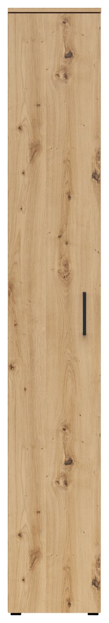 Frontansicht eines Mehrzweckschranks mit Holzmaserung und schwarzem Griff.