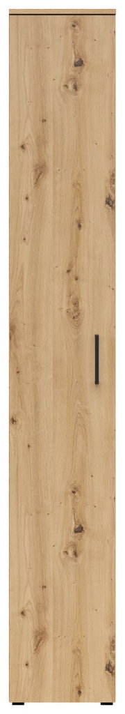 Frontansicht eines Mehrzweckschranks mit Holzmaserung und schwarzem Griff.