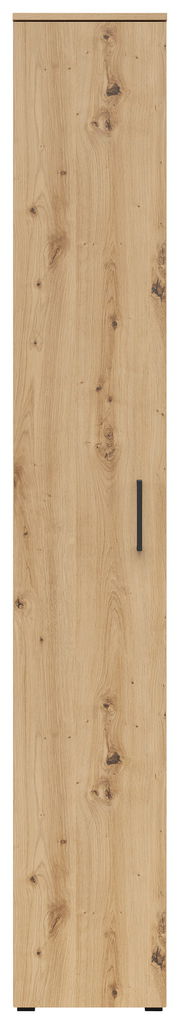 Frontansicht eines Mehrzweckschranks mit Holzmaserung und schwarzem Griff.