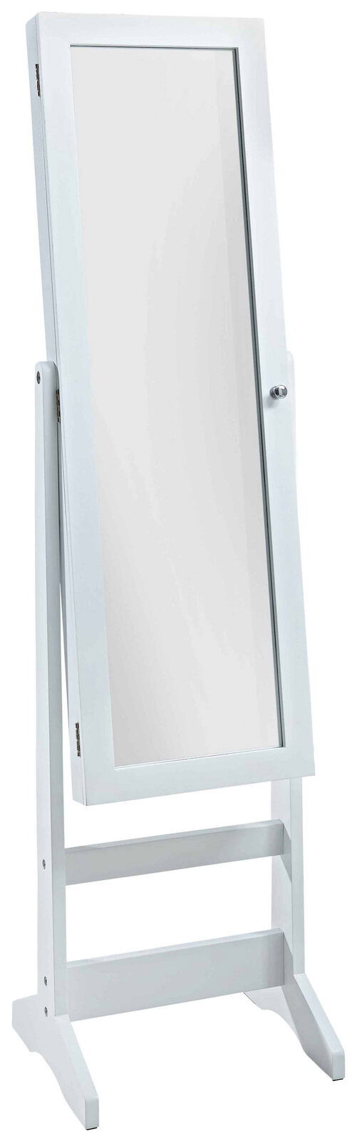 Weißer Schmuckstandspiegel in schräger Perspektive, freistehend mit rechteckigem Rahmen und stabiler Basis.