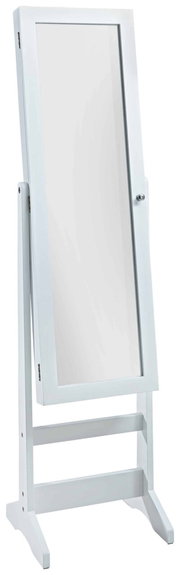 Weißer Schmuckstandspiegel in schräger Perspektive, freistehend mit rechteckigem Rahmen und stabiler Basis.