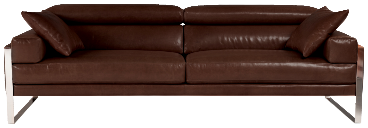 Braunes Ledersofa mit zwei Kissen, frontal betrachtet, mit Metallbeinen.