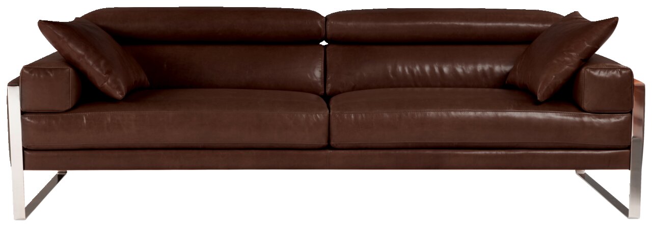 Braunes Ledersofa mit zwei Kissen, frontal betrachtet, mit Metallbeinen.