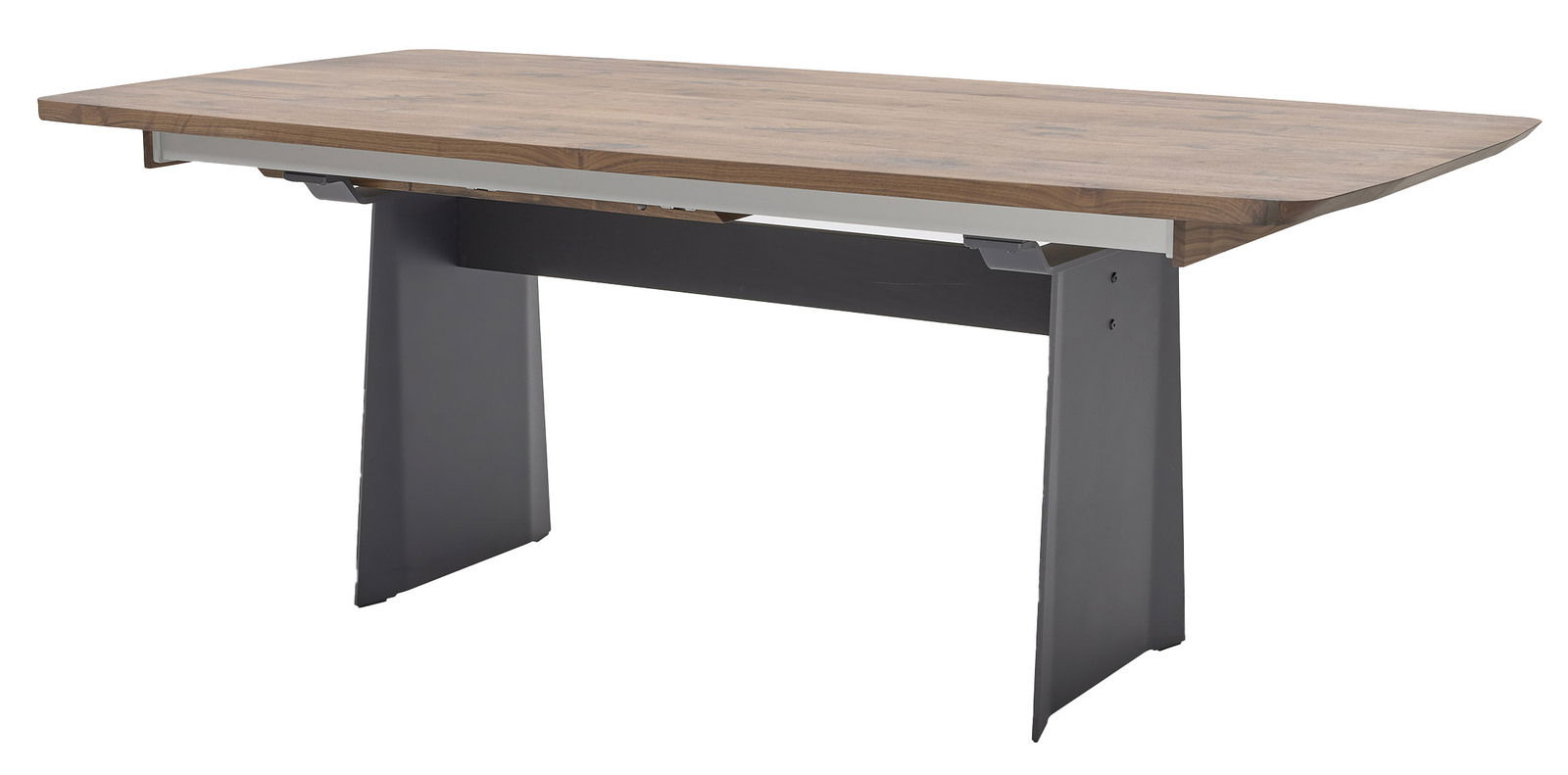 Moderner Esstisch mit Holzplatte und dunklen Metallbeinen, seitliche Perspektive.