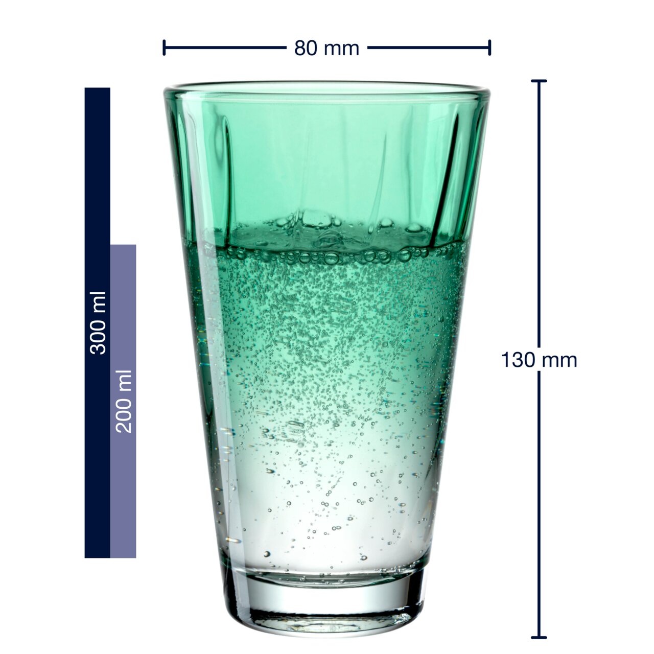 Grünes Trinkglas Twist 300ml, seitliche Ansicht, gefüllt mit sprudelndem Wasser, 80 mm Durchmesser, 130 mm Höhe.