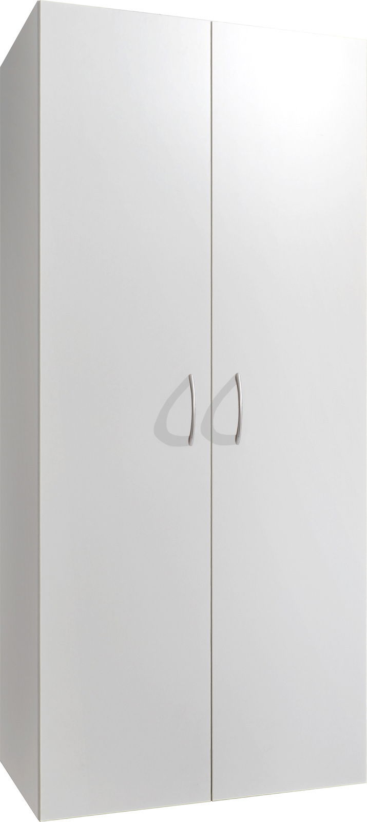 Weißer Besen- und Mehrzweckschrank mit zwei Türen und silbernen Griffen, Frontalansicht